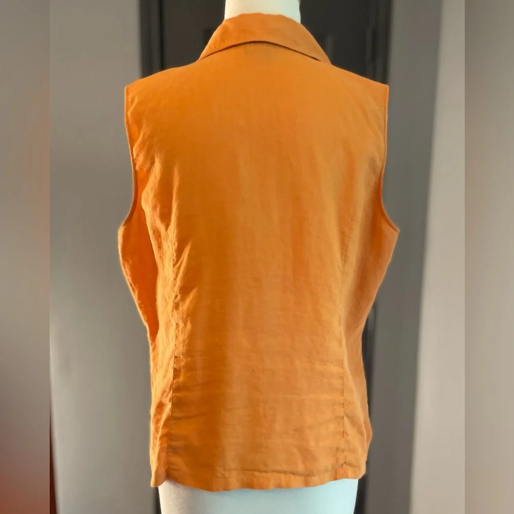 100% Linen Orange Sleeveless Beach Summer Button-Up Top - Picture 3 of 7